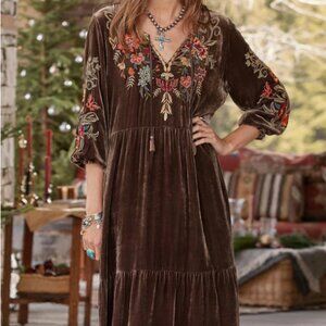Women's  Boho V Neck Tassel Front Spliced Velvet Flower Print Midi Dress - XL